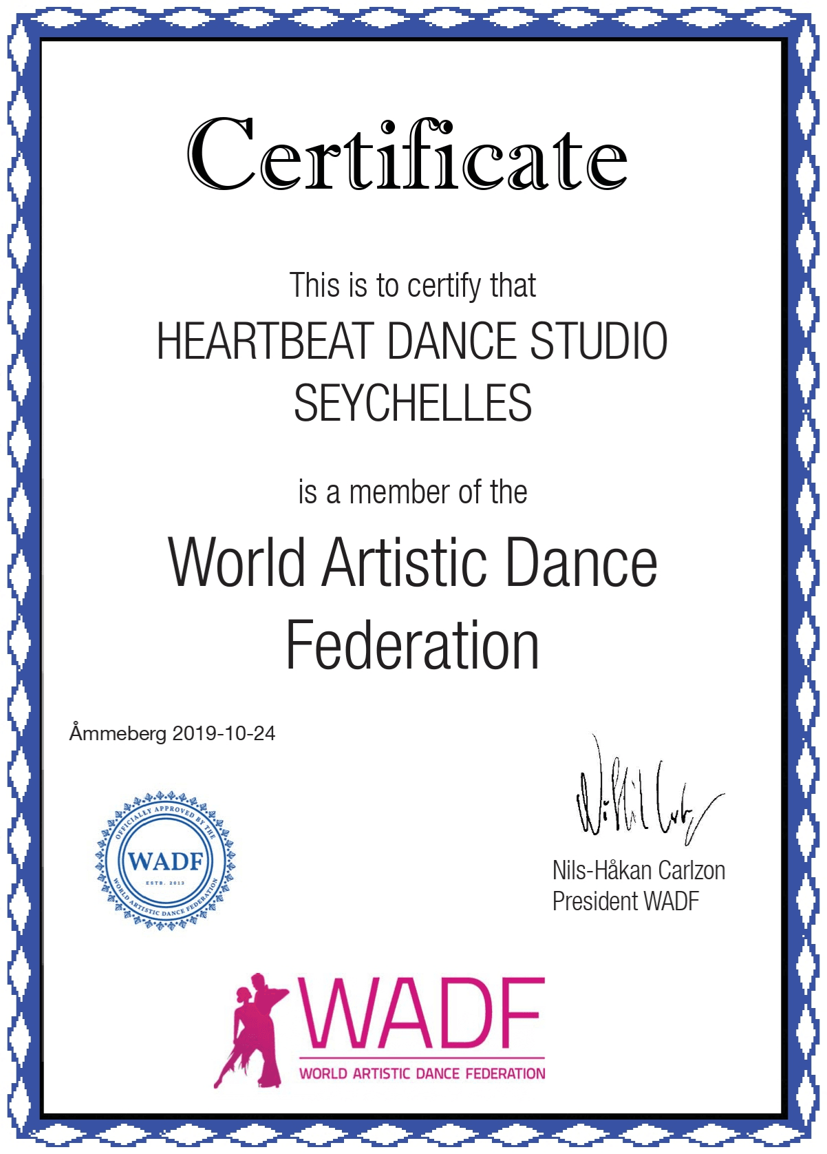 World Artistic Dance Federation membership certificate for Heartbeat Dance Studio Seychelles